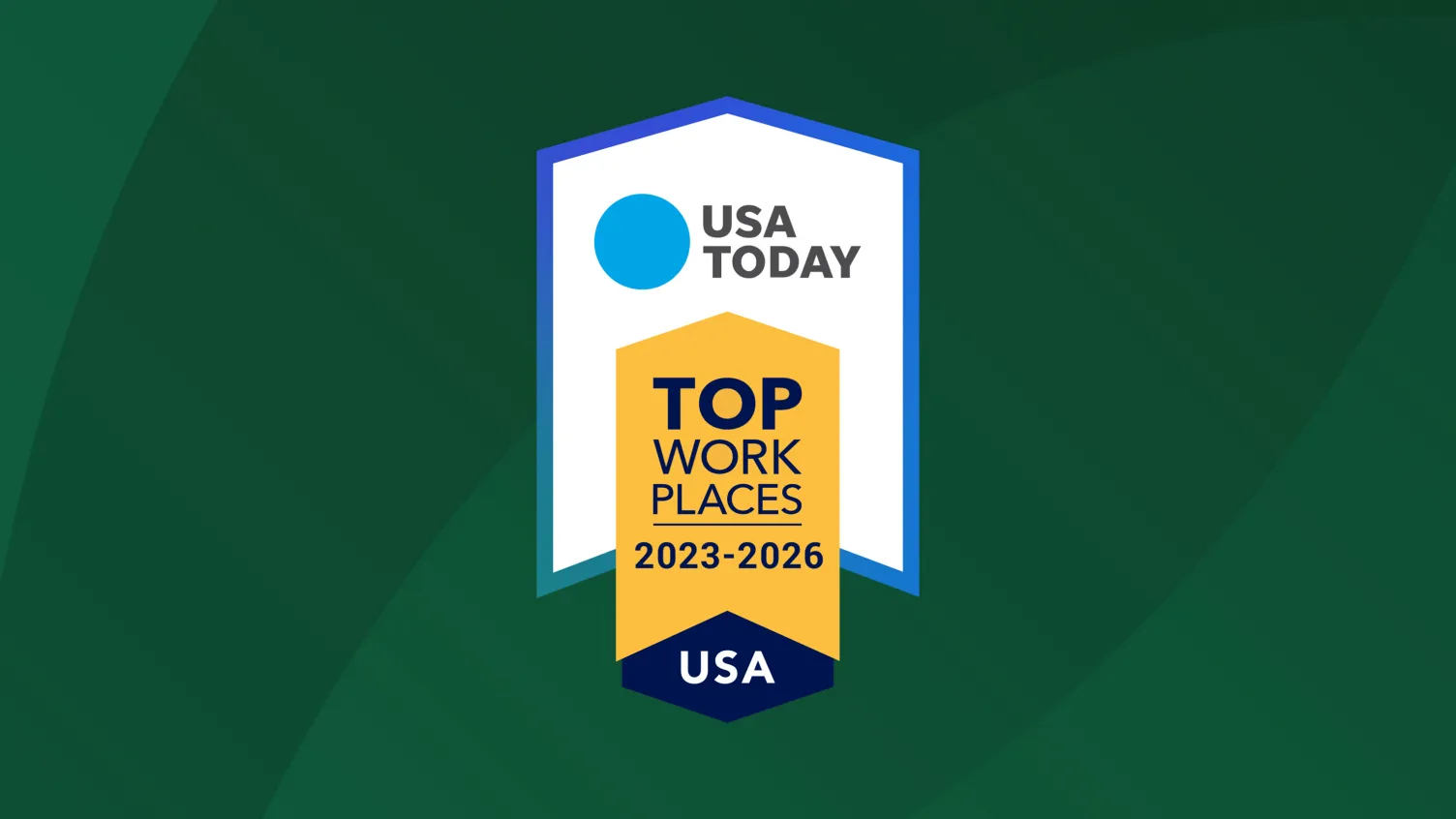 A graphic displaying an awards badge for USA Top Work Places 2023-2026 USA