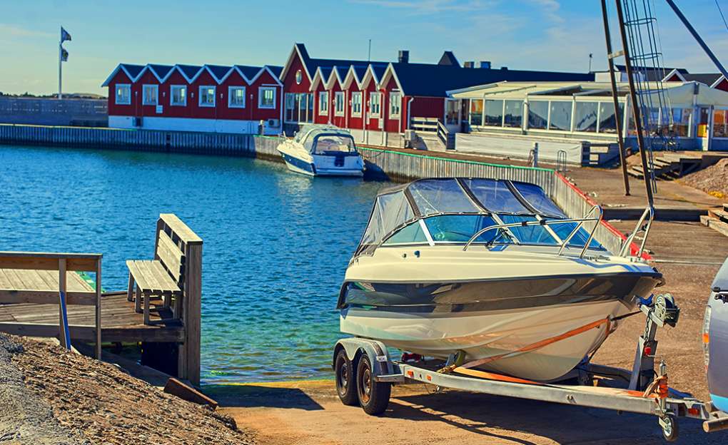 Personal boat on the boat ram ready to be launched