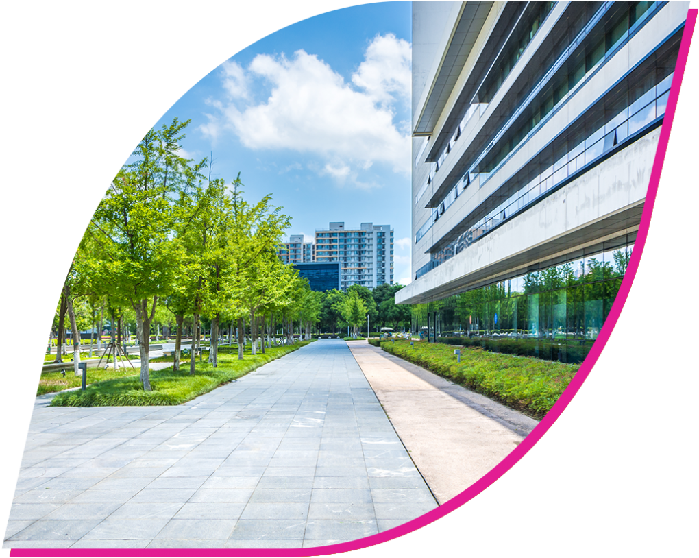 A landscape of a high-tech city, taken on a bright and beautiful day.